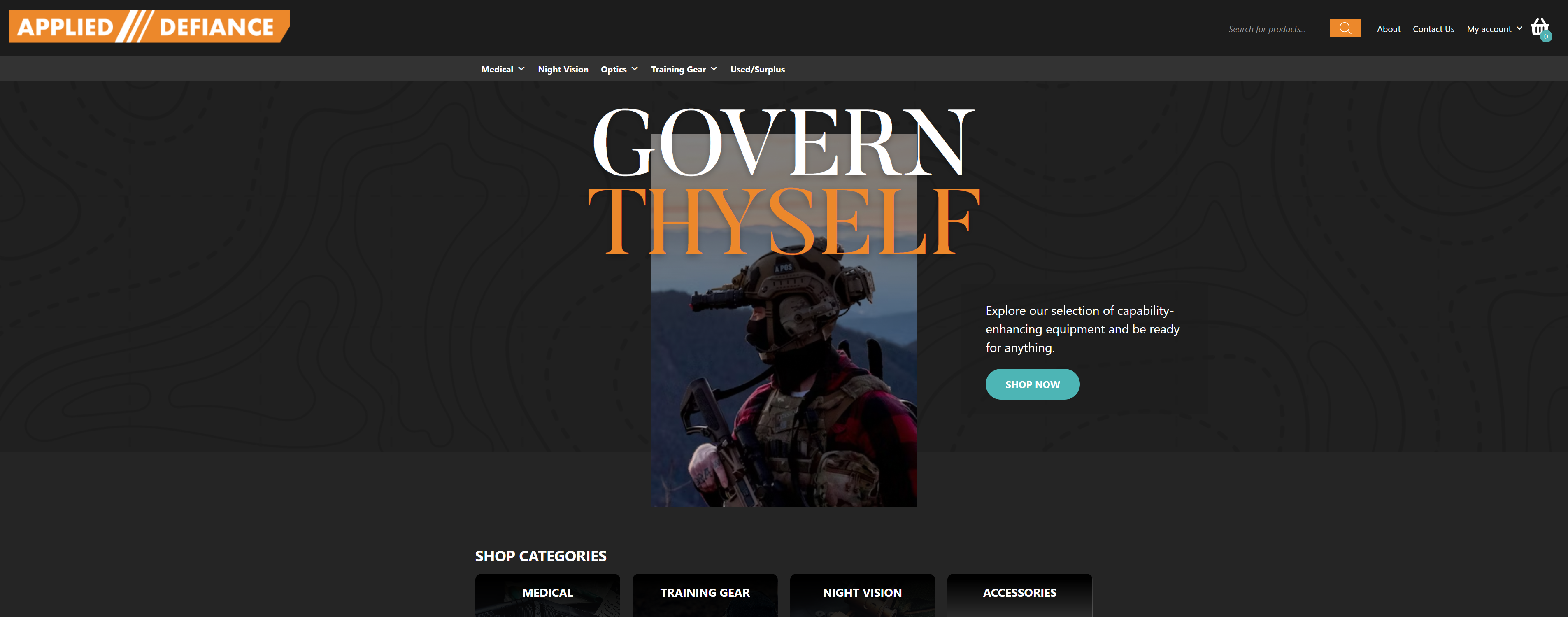 Applied Defiance homepage hero section with GOVERN THYSELF branding