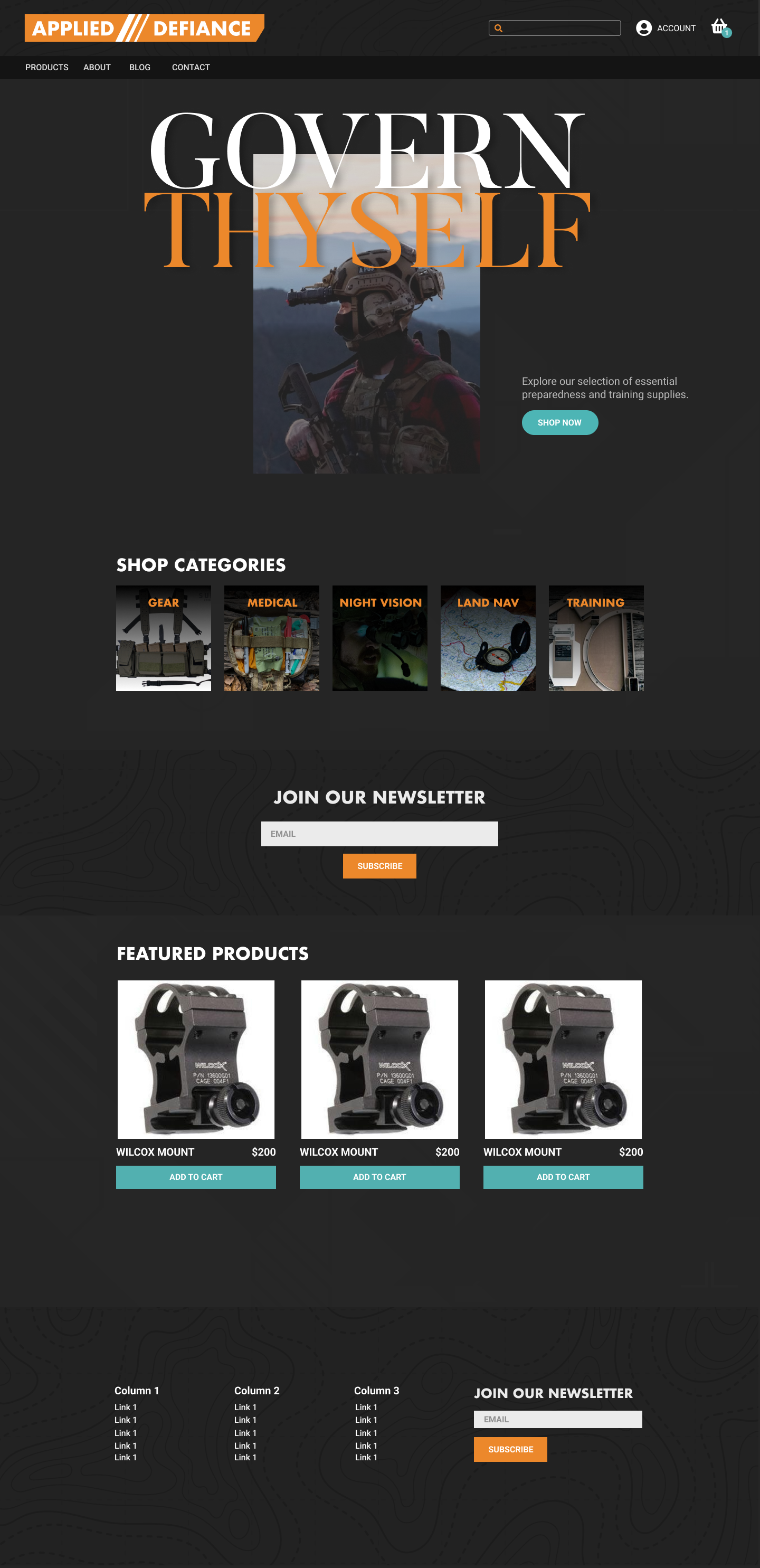 Applied Defiance full homepage with categories and featured products