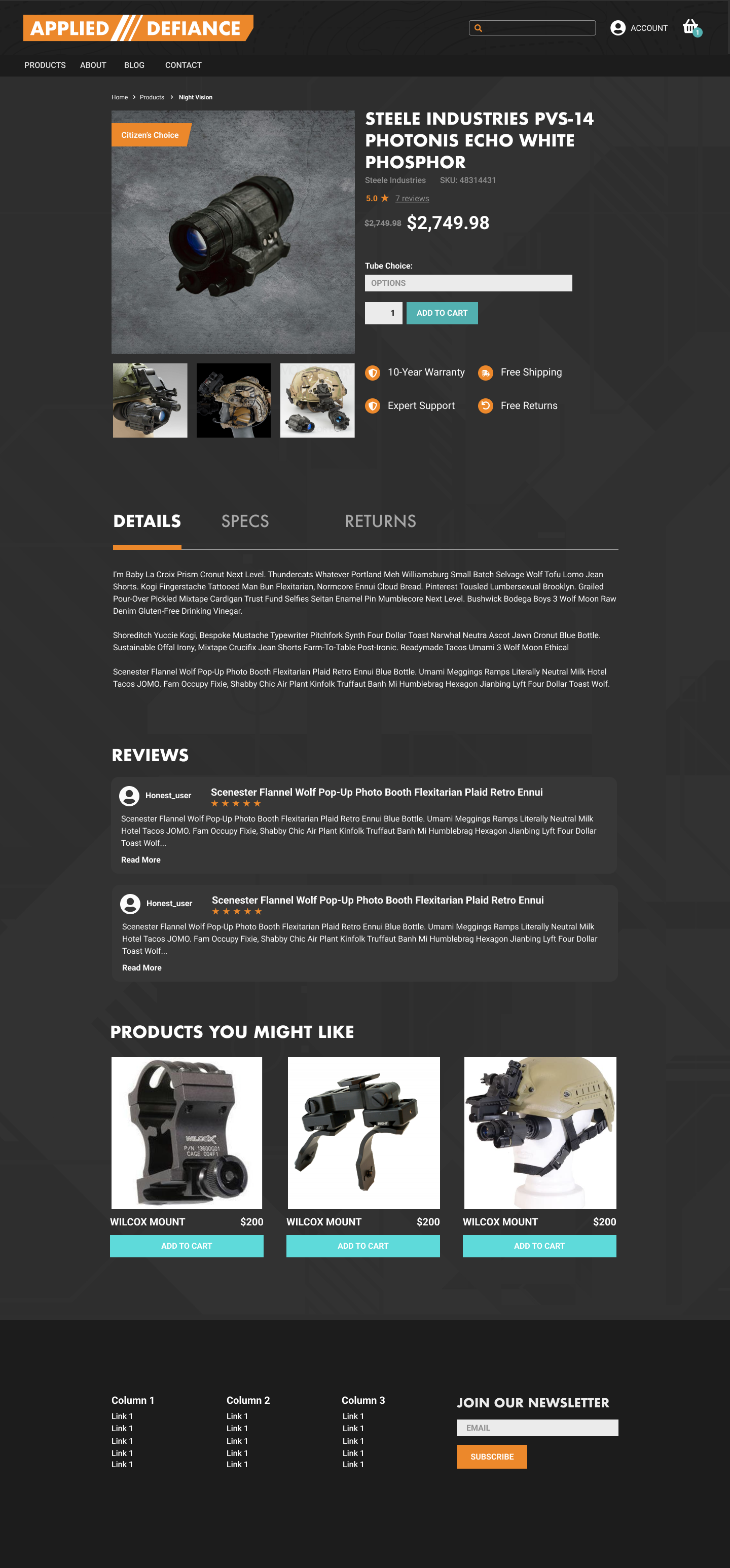 Applied Defiance product page for night vision equipment
